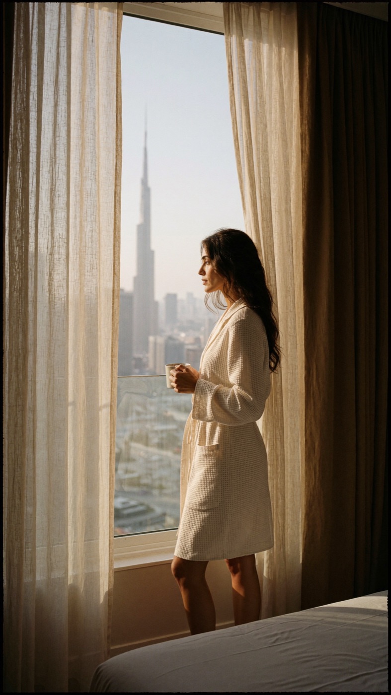 Eleni Rhodes by a window with the Dubai skyline